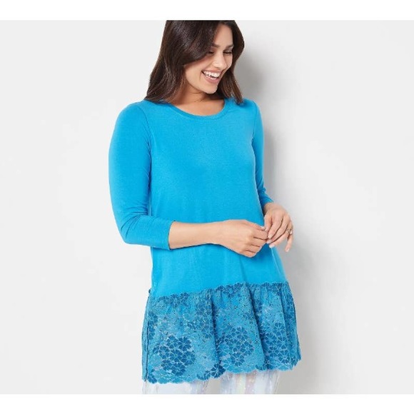 LOGO by Lori Goldstein Rayon 230 3/4 Sleeve Top with Lace Hem Lakeside Blue S - Picture 5 of 5